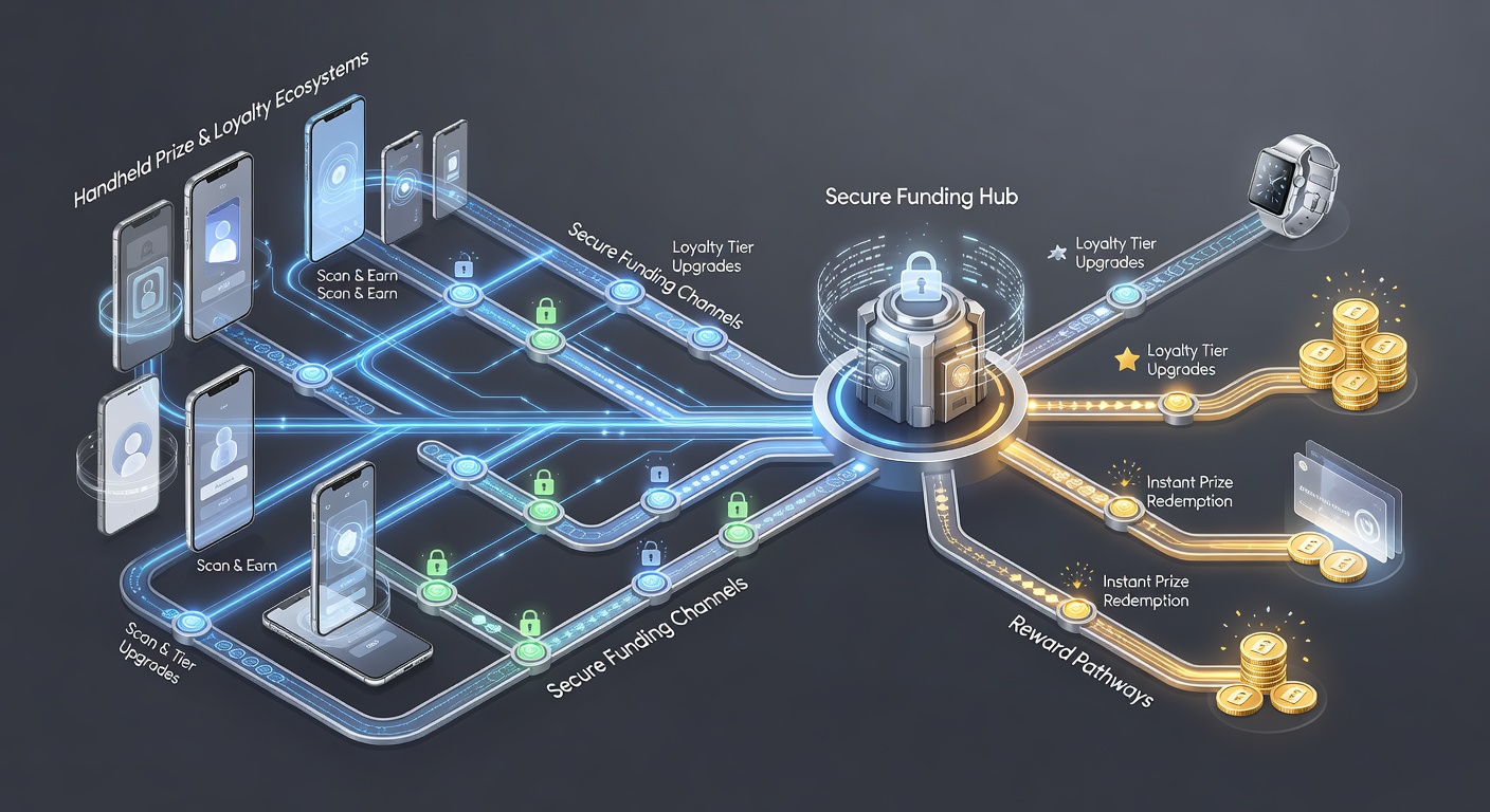 Illustration of encrypted funding channels connecting mobile loyalty points to prize redemptions