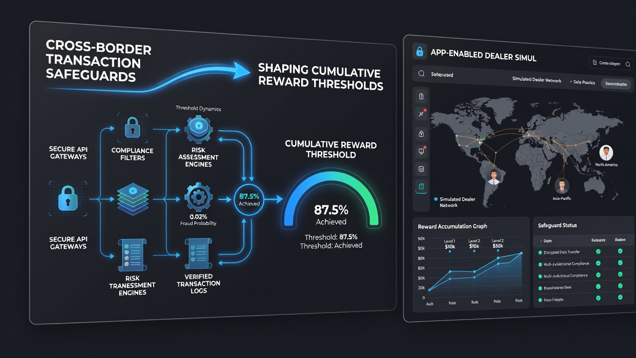 Dashboard view of automated reel systems with transaction safeguard indicators and cumulative reward threshold meters