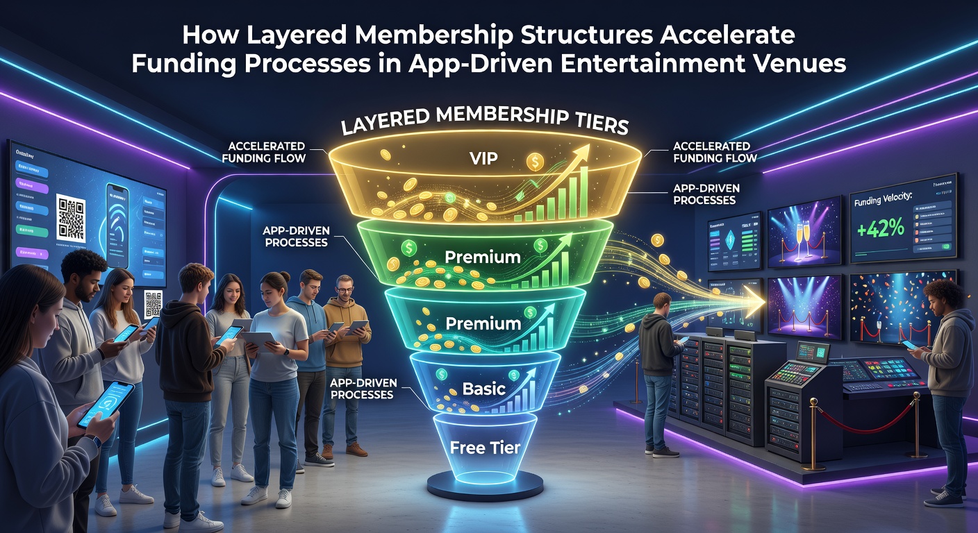 App interface displaying layered membership tiers for an entertainment venue with funding options highlighted