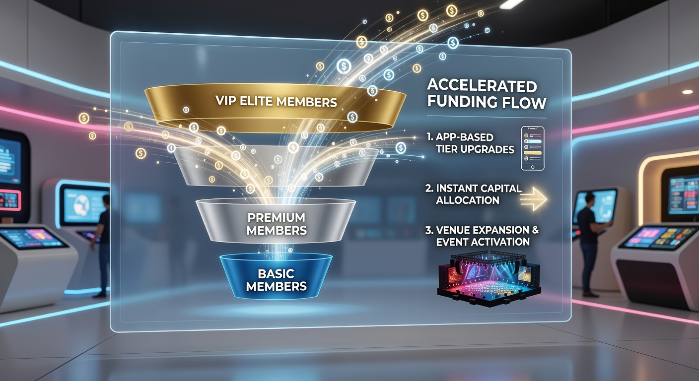 Backend dashboard view of membership tiers linked to accelerated funding pipelines in an entertainment venue app