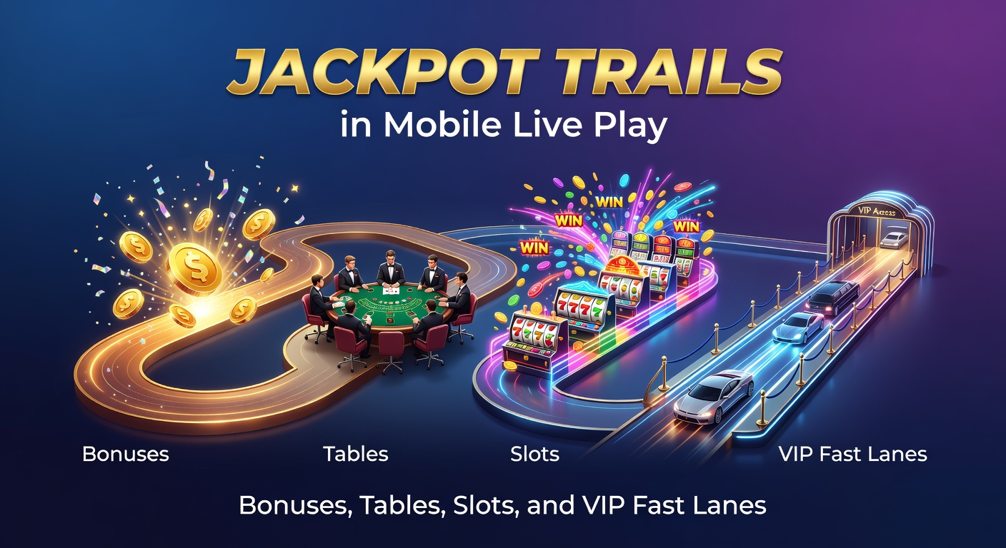 Vibrant mobile screen displaying a jackpot trail progressing through colorful slots and live tables with bonus multipliers glowing in the background