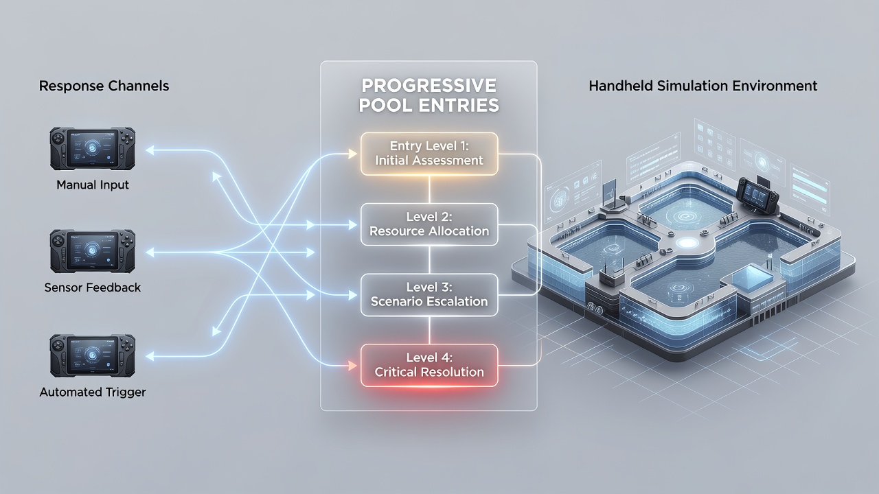 Diagram illustrating data flows from response channels into progressive jackpot pools within mobile simulation software