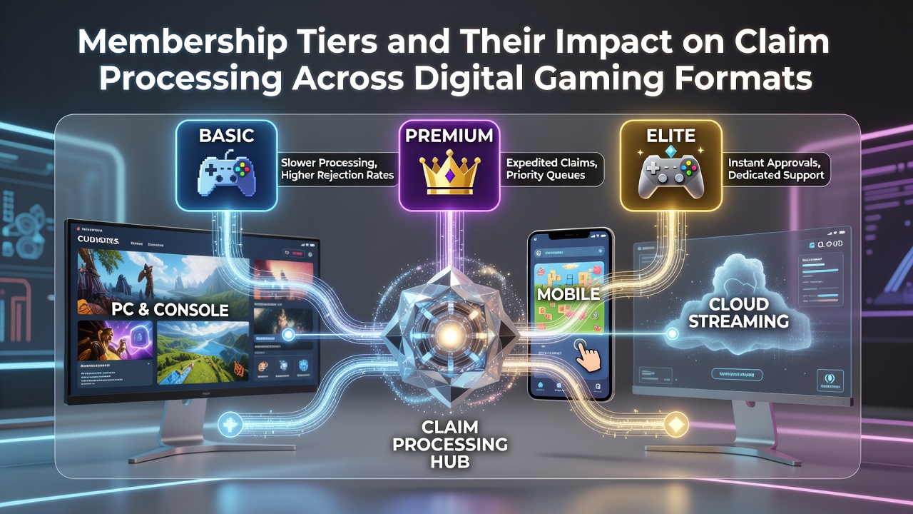 Digital gaming interface displaying membership tier progression and claim processing dashboard across mobile and desktop formats