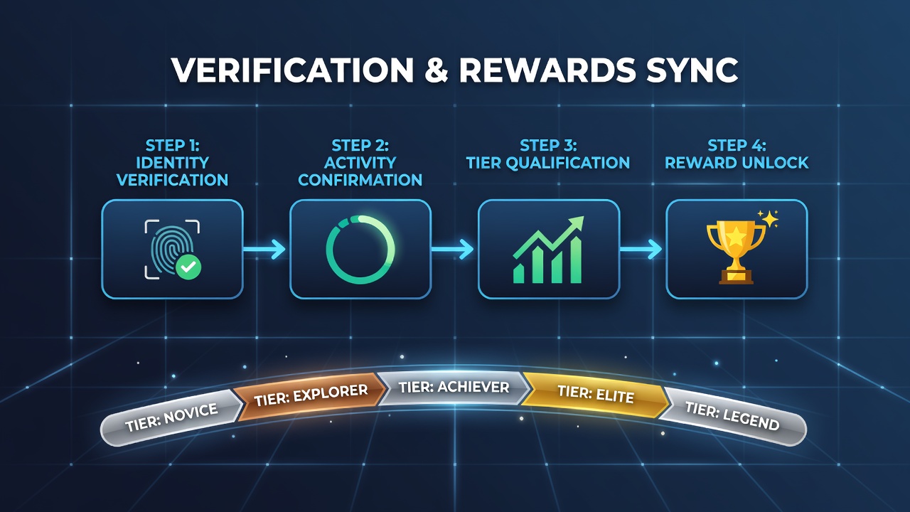 App interface showing verification checkpoints aligned with reward tier unlocks in a simulation environment