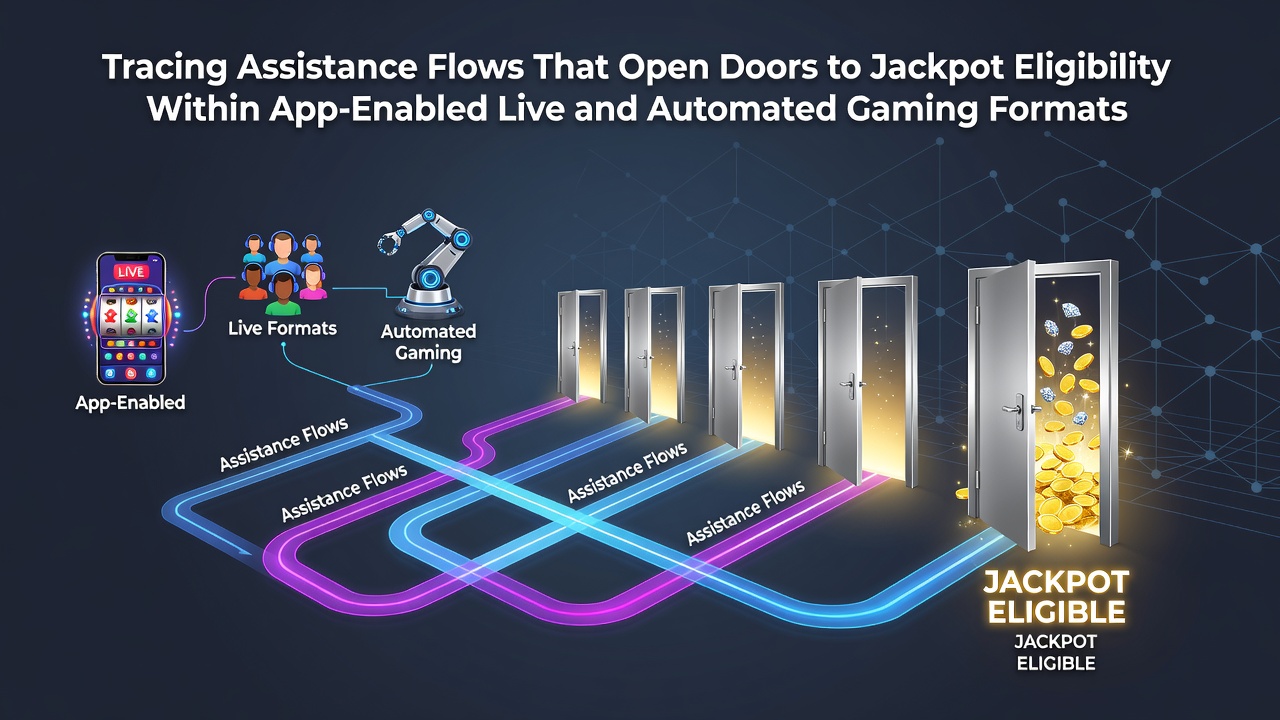 Diagram showing assistance flow pathways connecting customer support, payment verification, and jackpot access in mobile gaming apps