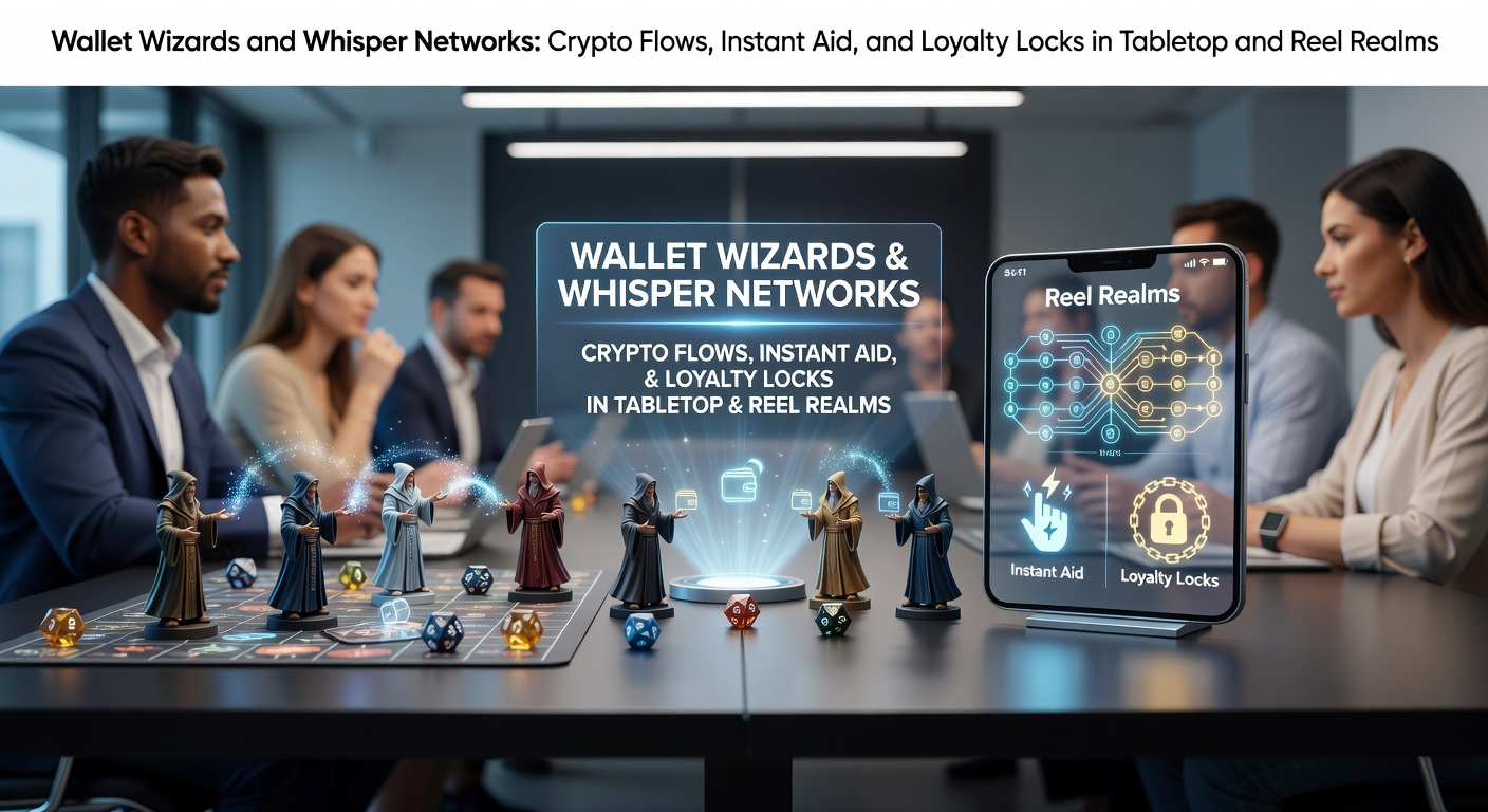 Digital wallets glowing amid tabletop game pieces and spinning slot reels, illustrating crypto integration in gaming worlds