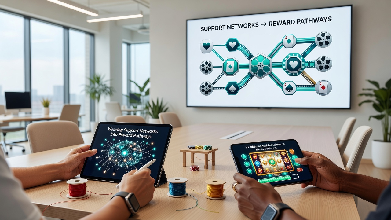Illustration of reward pathways linking mobile support features to table and slot bonuses